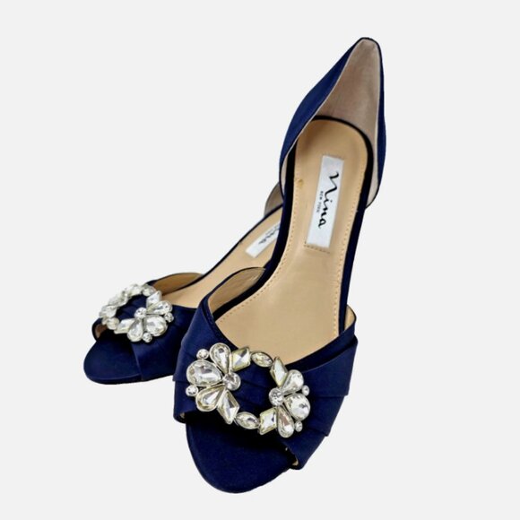 Nina Corrine D'Orsay Pump Navy Satin Peep Toe Jeweled Buckle Womens Size 6.5 M - Picture 2 of 12